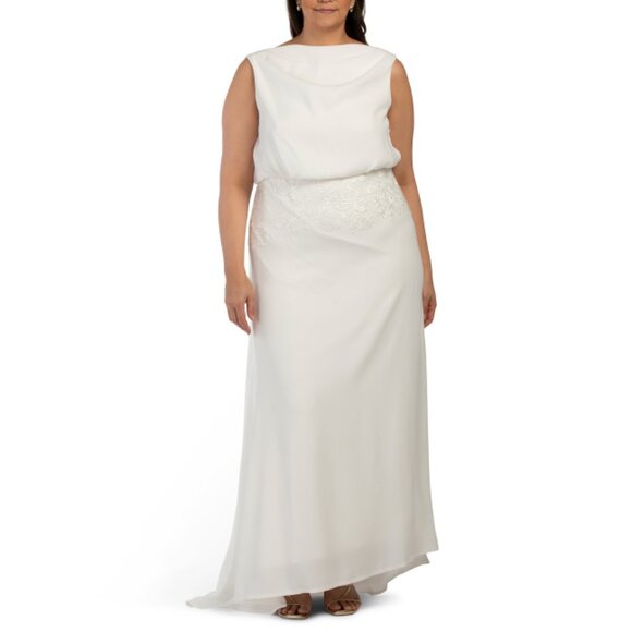 TADASHI SHOJI Ivory Plus Lilo Back Drape Gown